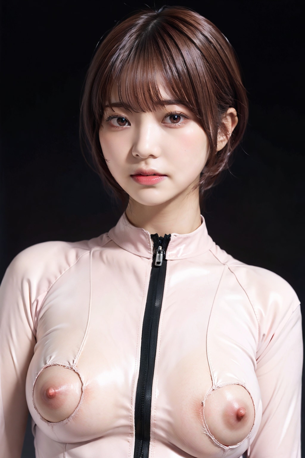 ラテックスボディースーツでポロリ　拡大版