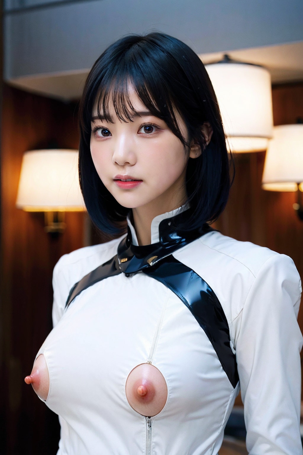 ラテックスボディースーツでポロリ　拡大版