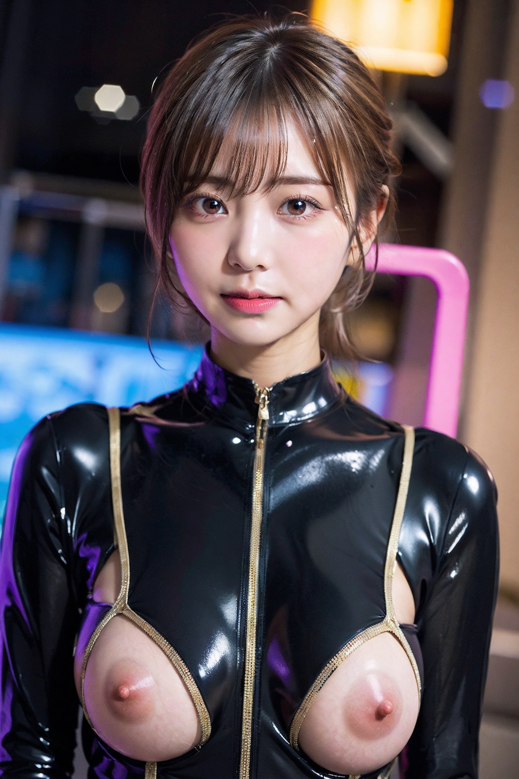 ラテックスボディースーツでポロリ　拡大版