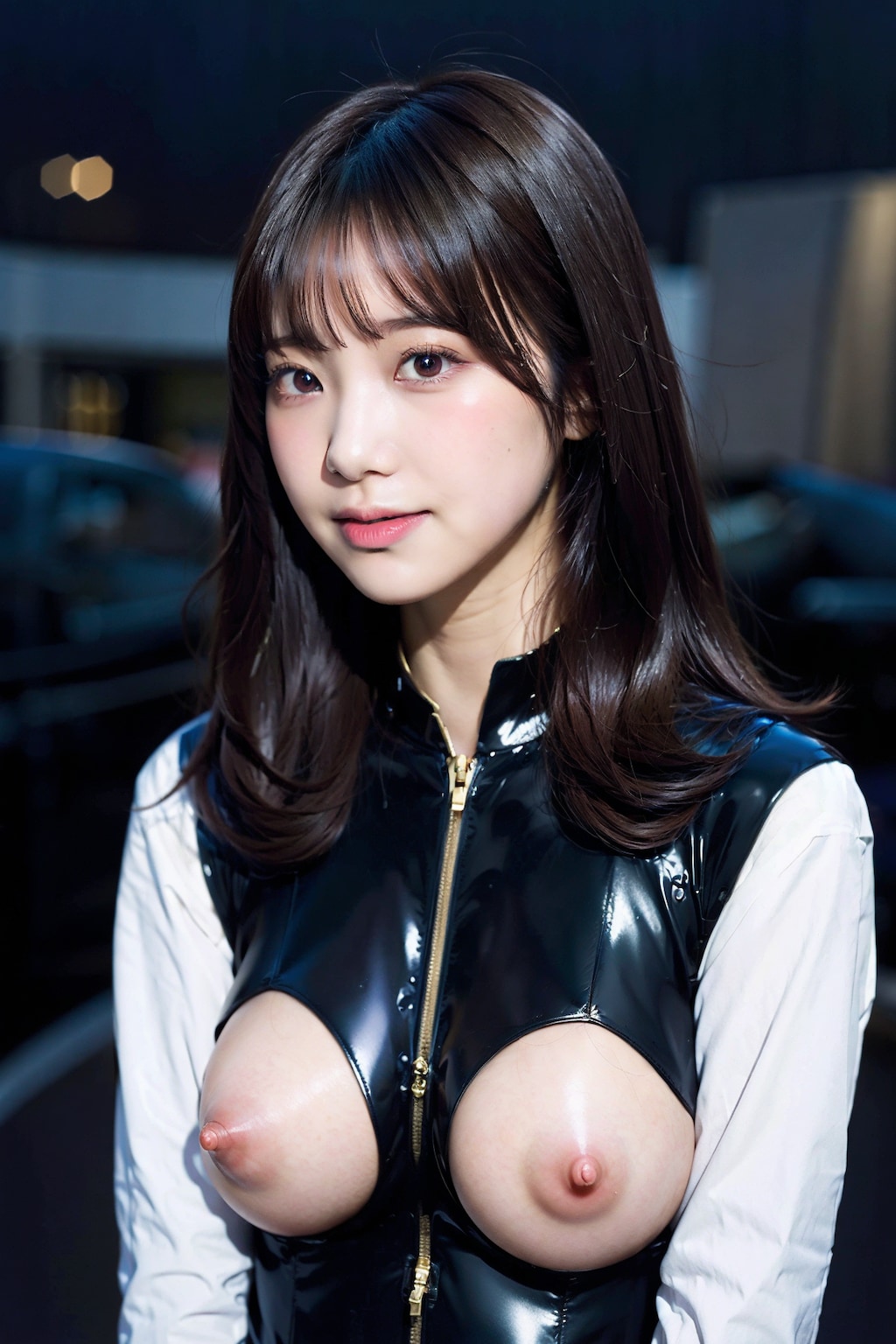 ラテックスボディースーツでポロリ　拡大版