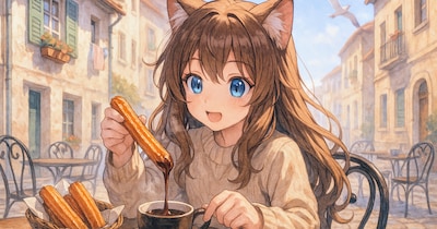 チュロス・コン・チョコラテとフルーツピンチョスを食べる小さな女の子