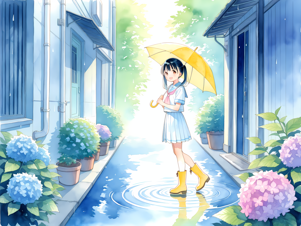 アジサイ綺麗だね&傘忘れちゃった💦 別イラスト