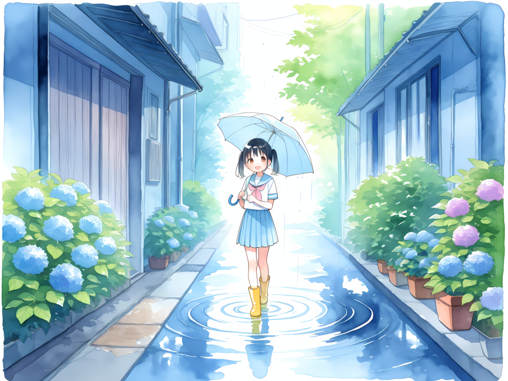 アジサイ綺麗だね&傘忘れちゃった💦 別イラスト