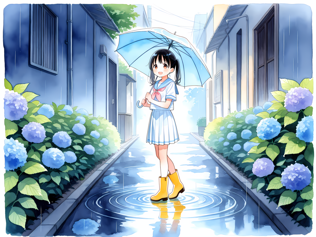 アジサイ綺麗だね&傘忘れちゃった💦 別イラスト
