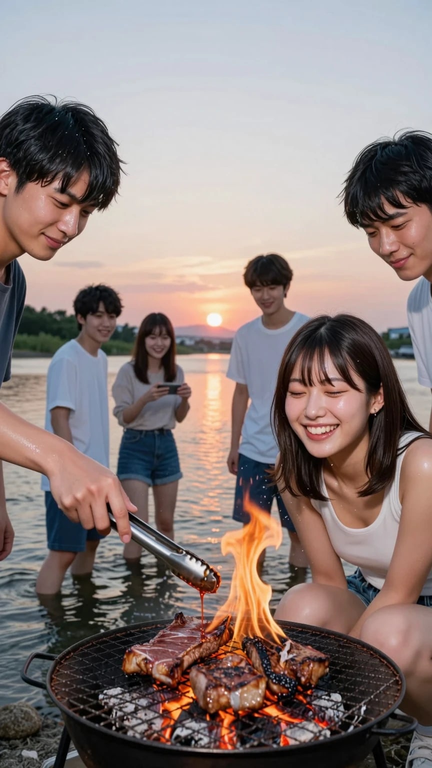 バーベキューする大学生