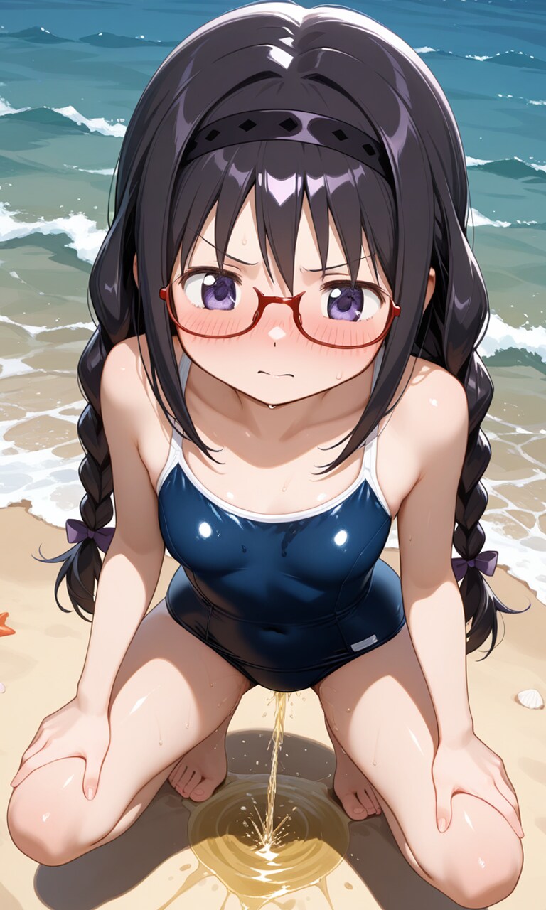 蔵出しおしっこお漏らしチャレンジ【暁美ほ〇ら】眼鏡三つ網初期ver.（スクール水着）その1