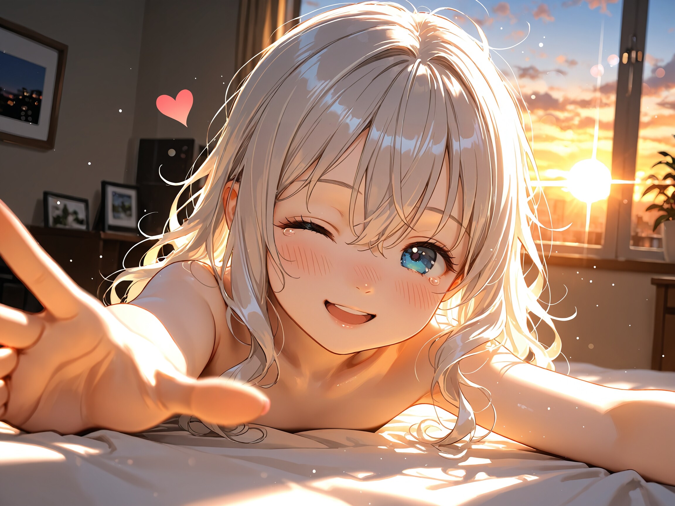 夕日と少女とベッド