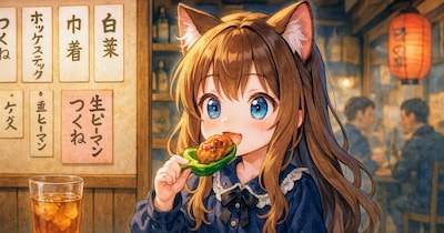 つくね生ピーマンを堪能する小さな女の子
