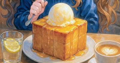 ハニートーストを食べる小さな女の子