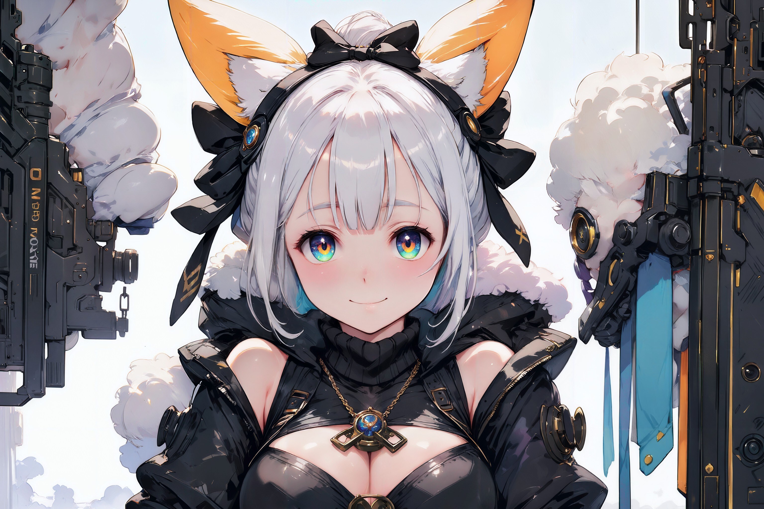 謎の機械とふわふわと黒の衣装でキレイな瞳と大きなおミミのケモミミちゃん