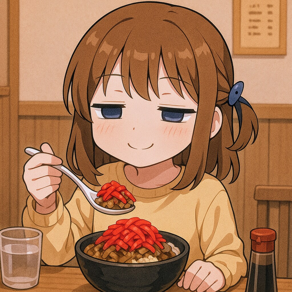 汁ダク紅しょうが増し牛丼を食べる小さな女の子