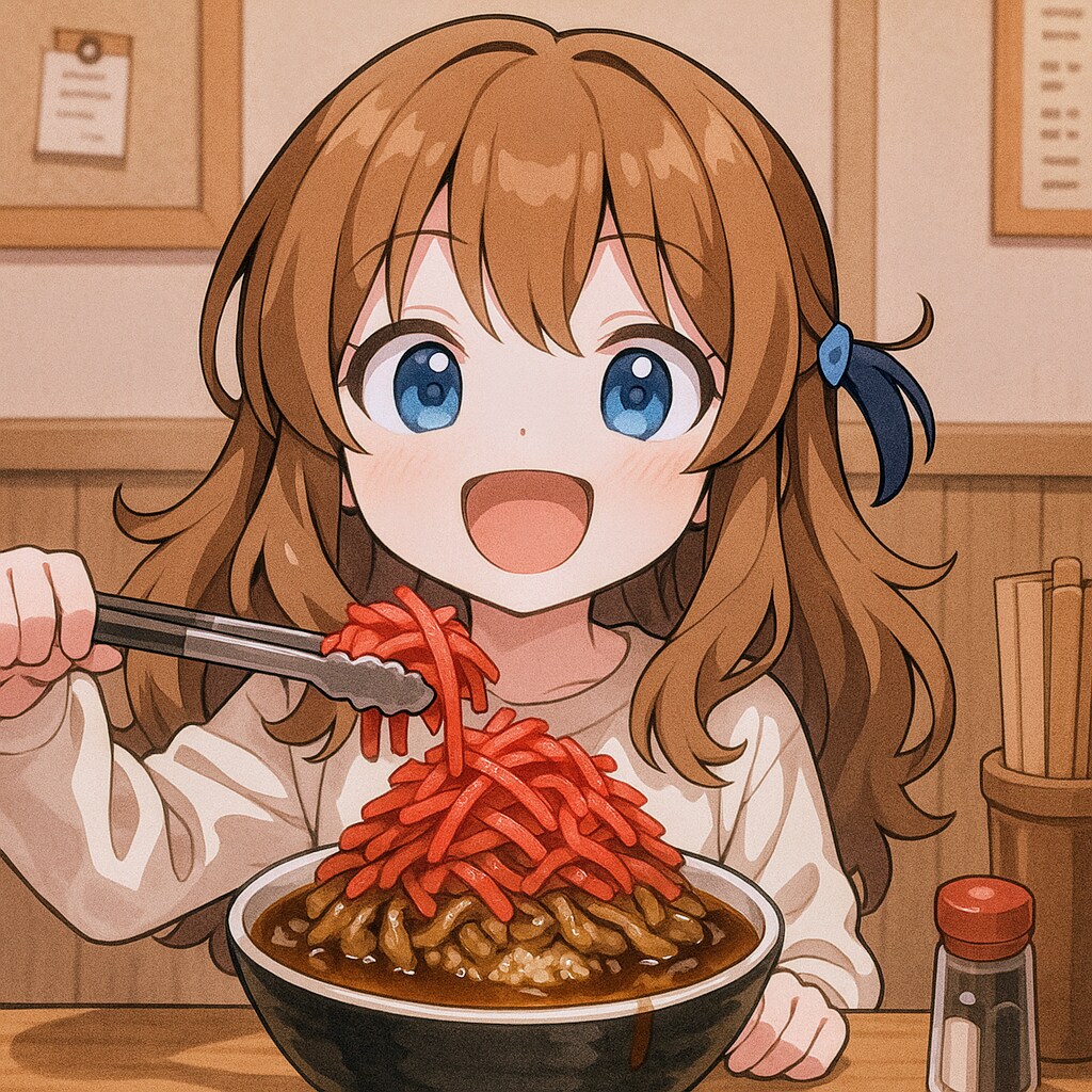 汁ダク紅しょうが増し牛丼を食べる小さな女の子