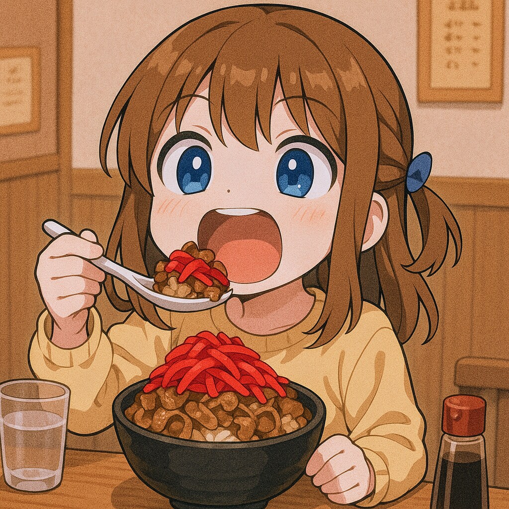 汁ダク紅しょうが増し牛丼を食べる小さな女の子