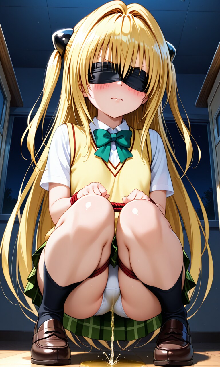 おしっこお漏らしチャレンジ【金色〇闇】(制服・目隠し・緊縛)