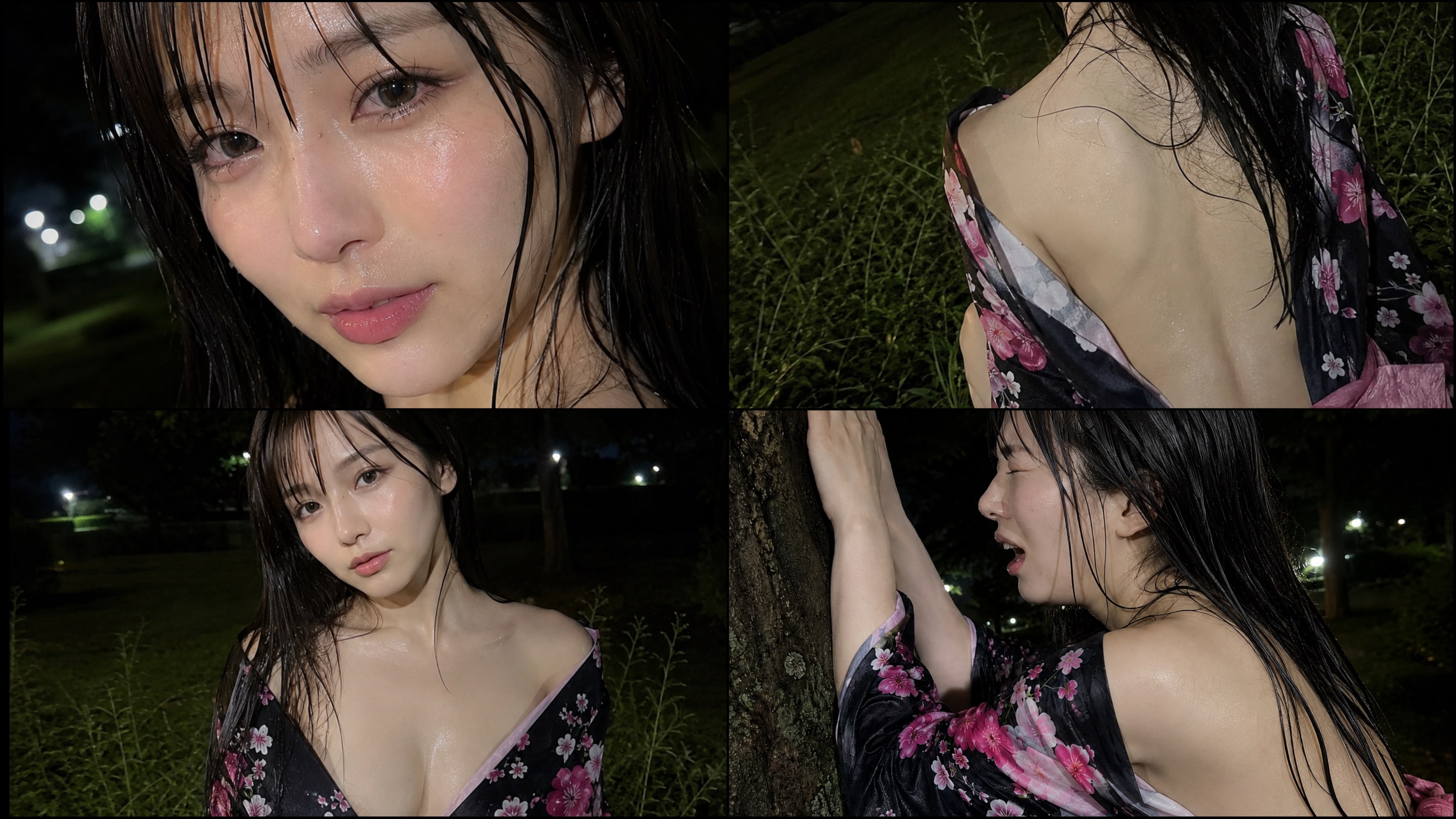 浴衣美女、夜の公園で