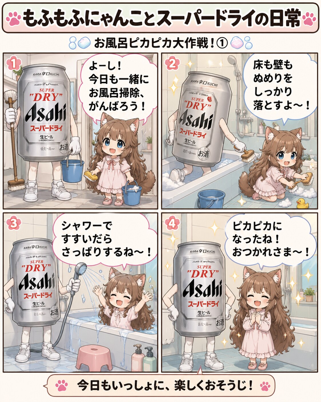 小さな女の子とスーパードライの４コマ漫画(お風呂掃除編)