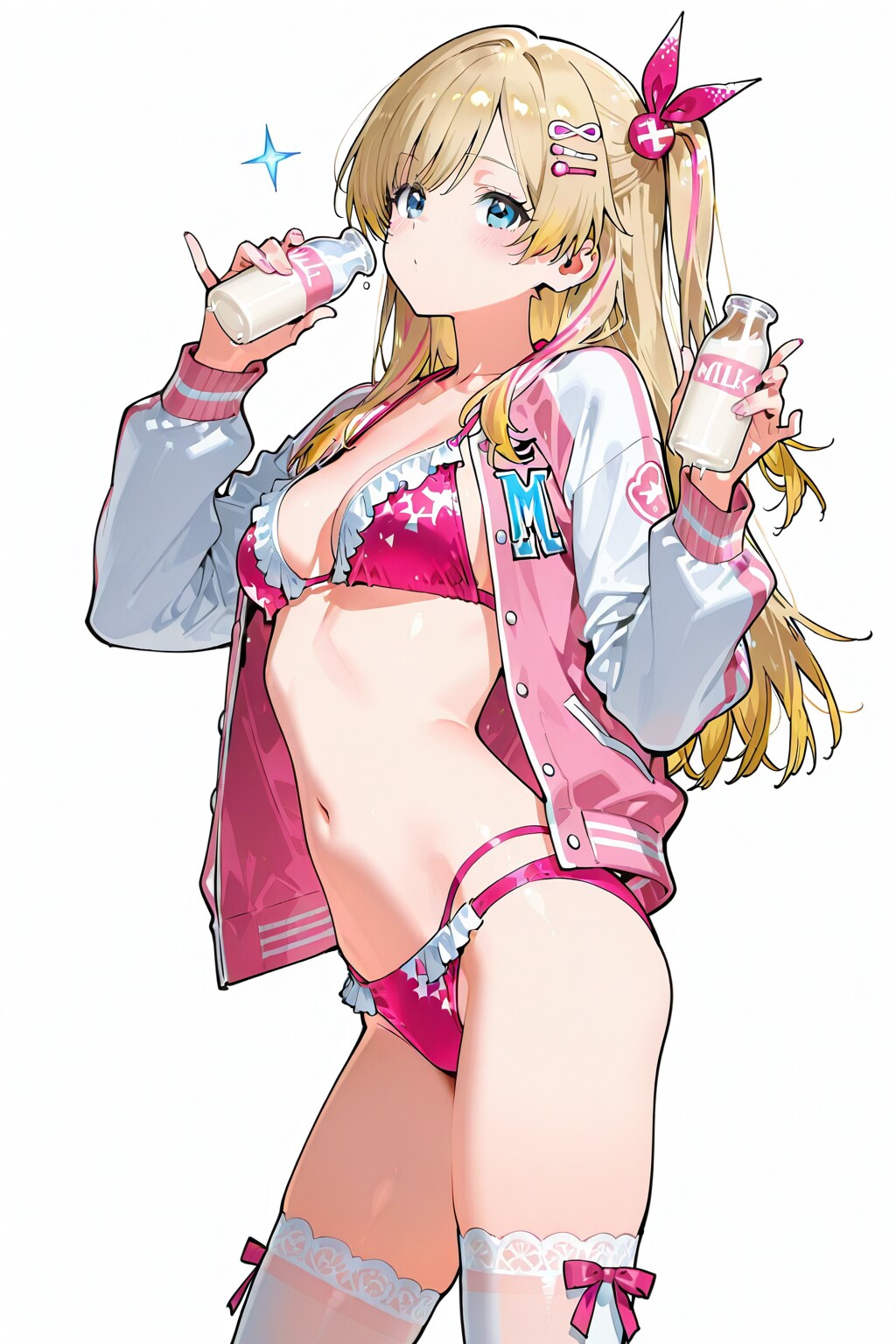 20260114【5枚】ピンクのビキニとスタジャン風カーディガンの女性（牛乳瓶）