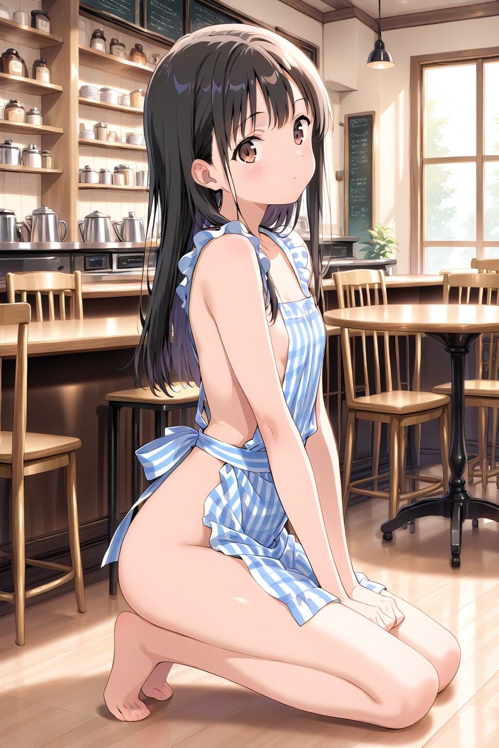 20251212【５枚】エプロンを着用してカフェでひざまずく女性