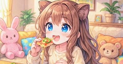 餅ピザを食べる小さな女の子