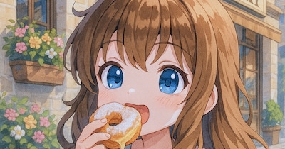 クロナッツを食べる小さな女の子