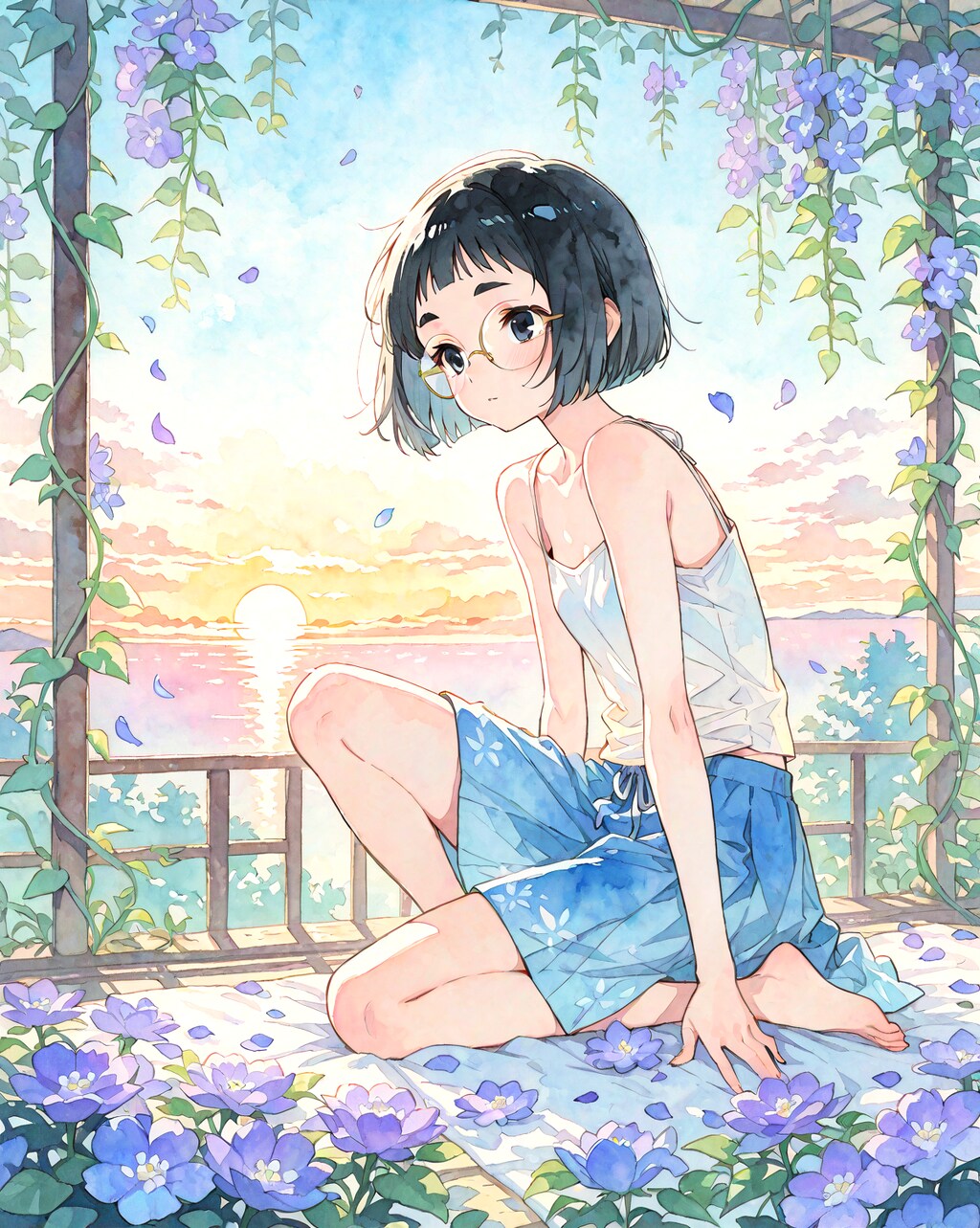 お花とめがねちゃん水彩