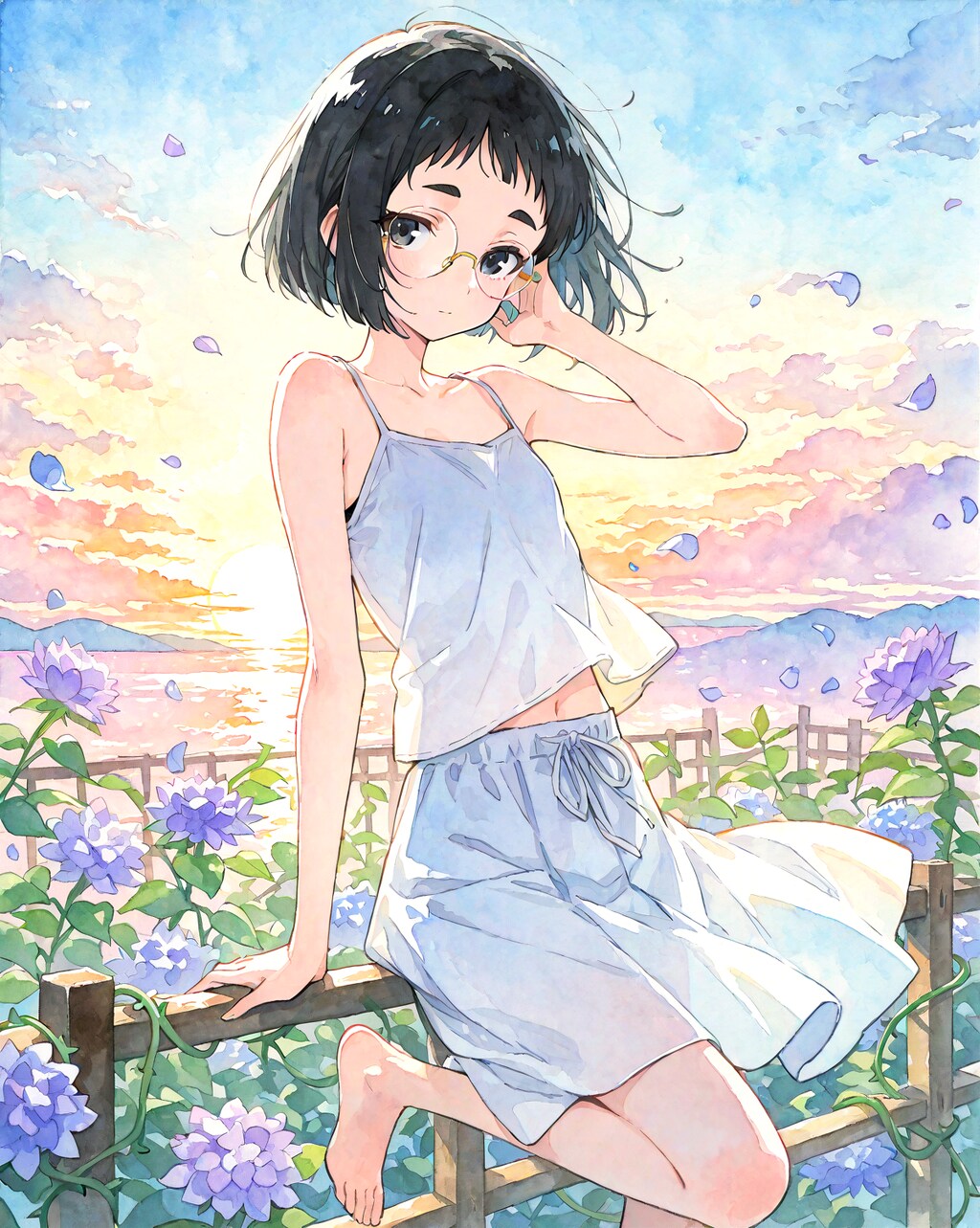 お花とめがねちゃん水彩