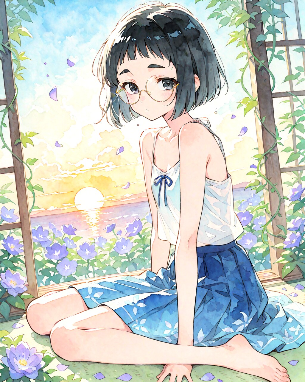 お花とめがねちゃん水彩