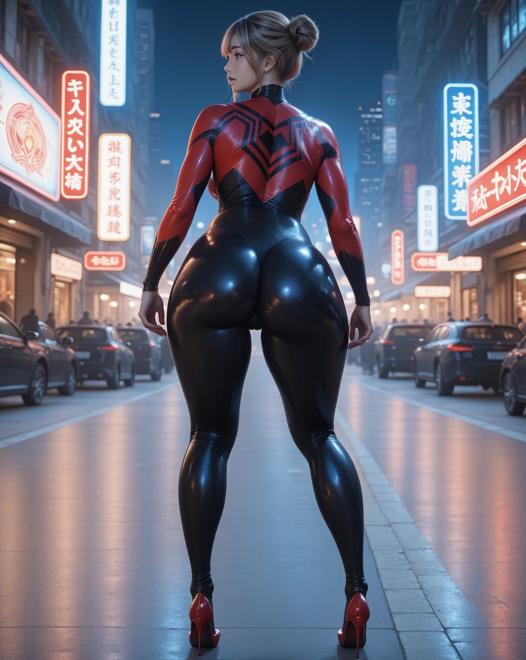 【無料ティザー】夜のネオン街を歩くムチムチ黒ラテックスSpider Girl