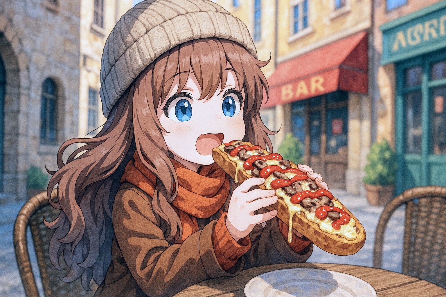 ポーランドの屋台料理を堪能する小さな女の子