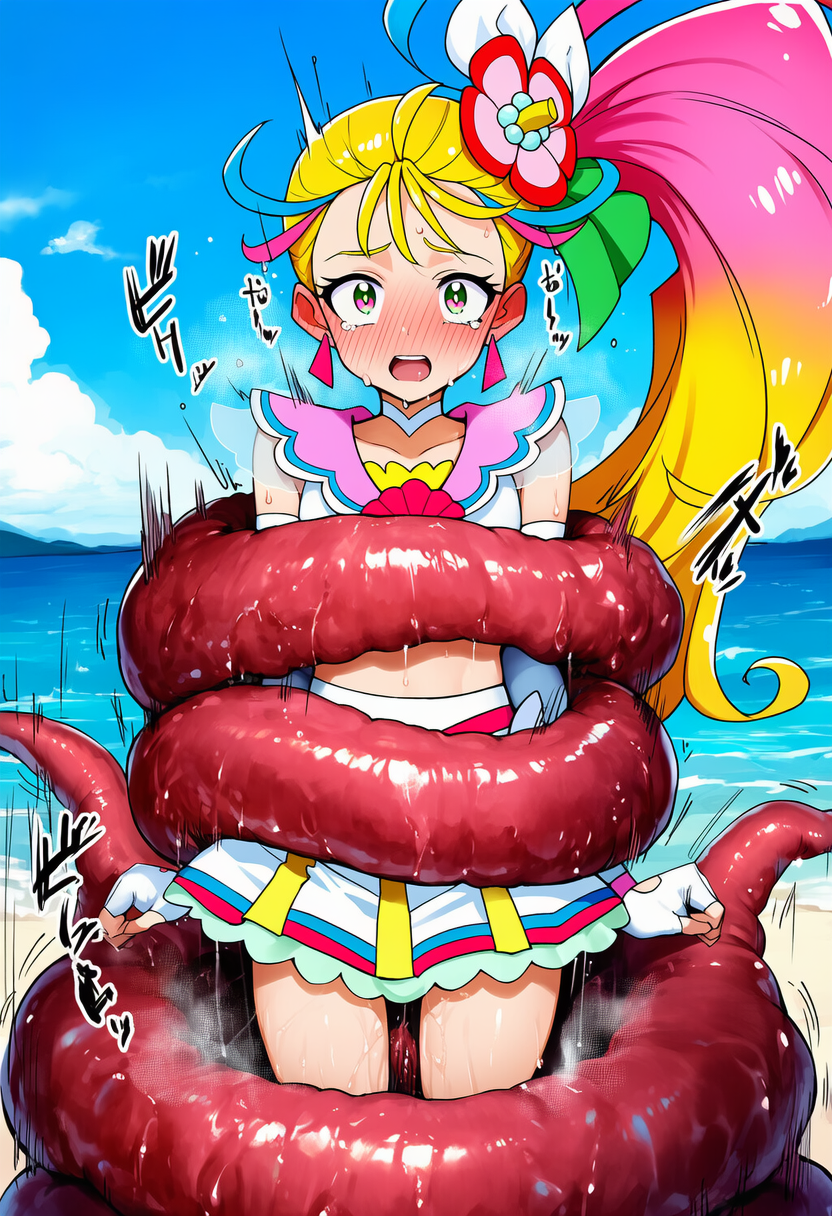海辺で触手にきつく締め上げられて敗北する○ロピカル～ジュ!○リキュア_前編