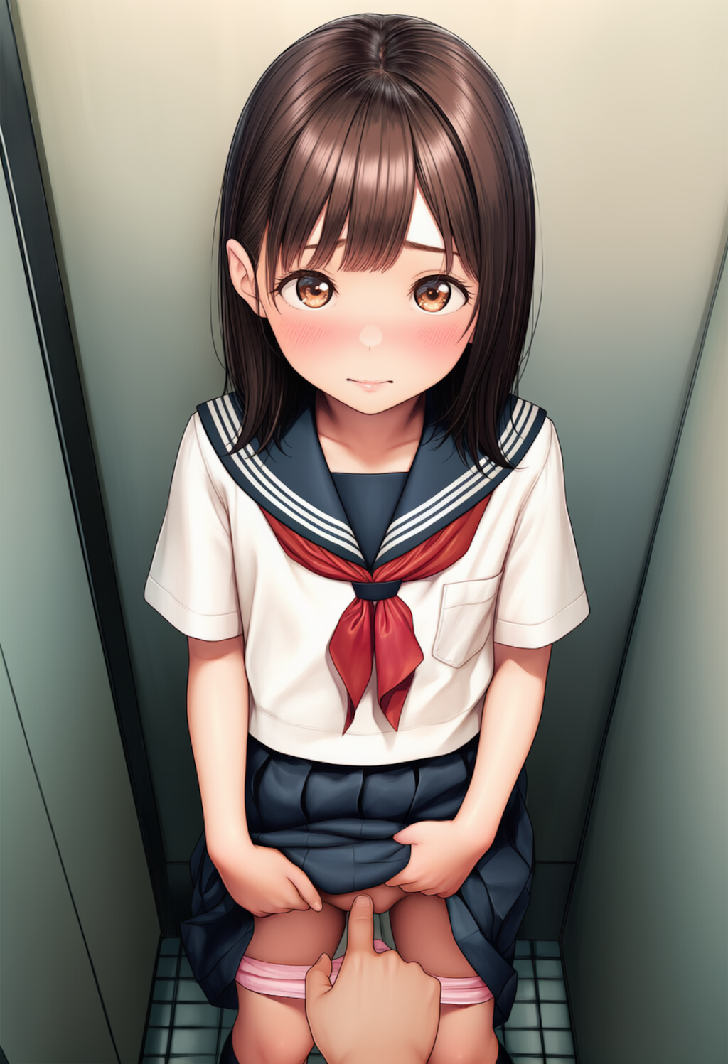 トイレで制服少女にこっそりいたずら【主観びしょ濡れ手マン】①