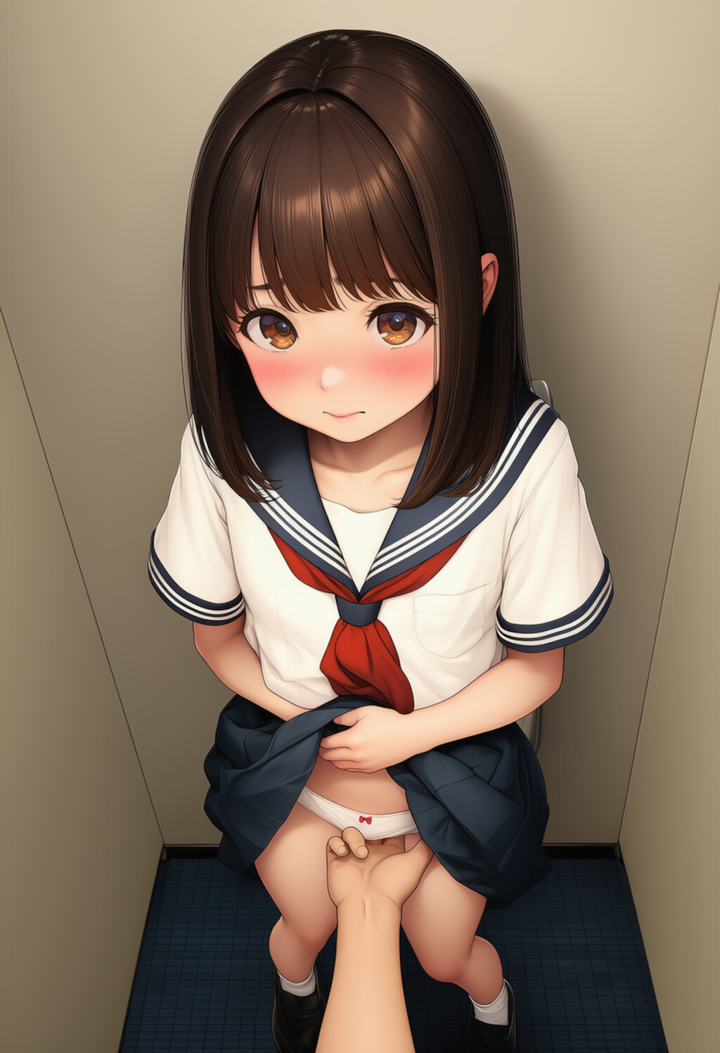 トイレで制服少女にこっそりいたずら【主観びしょ濡れ手マン】①