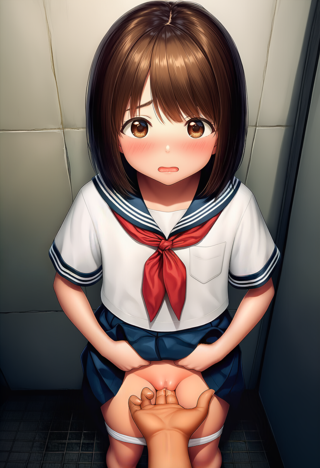 トイレで制服少女にこっそりいたずら【主観びしょ濡れ手マン】①