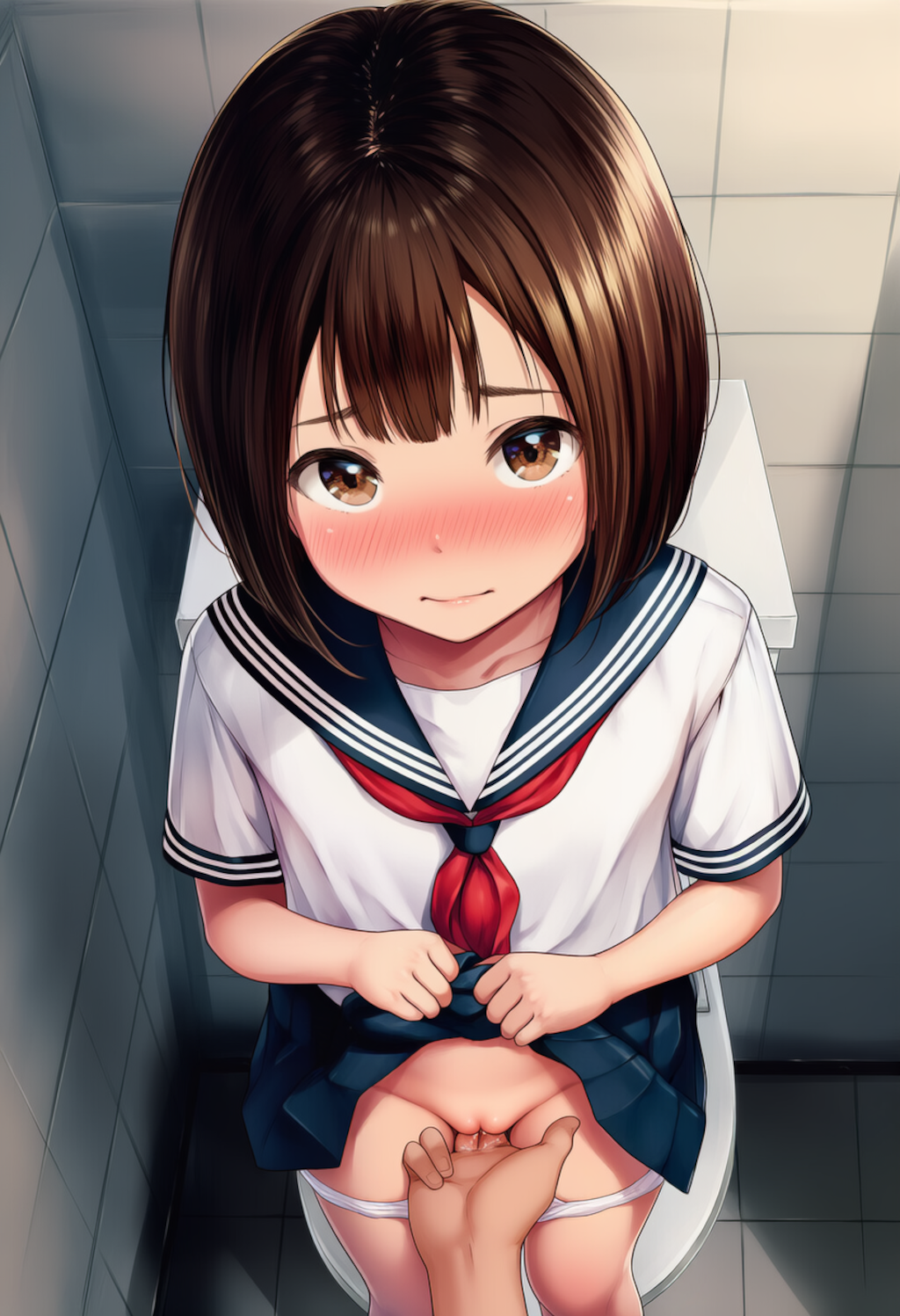 トイレで制服少女にこっそりいたずら【主観びしょ濡れ手マン】①