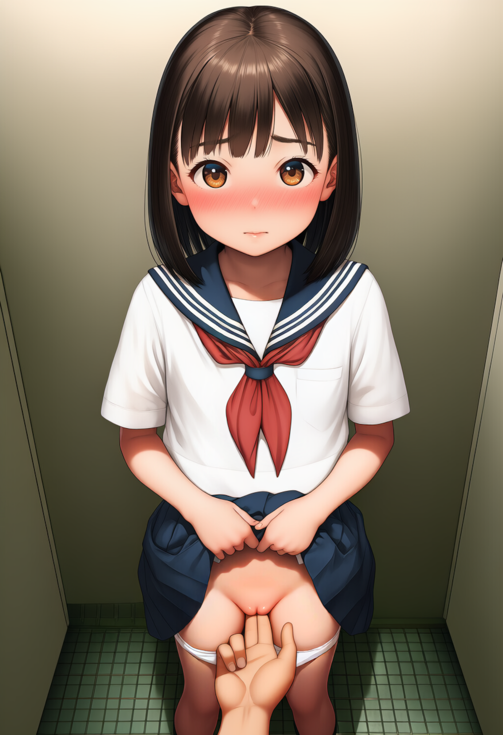 トイレで制服少女にこっそりいたずら【主観びしょ濡れ手マン】①
