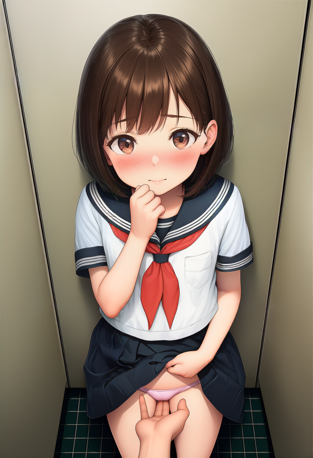 トイレで制服少女にこっそりいたずら【主観びしょ濡れ手マン】①