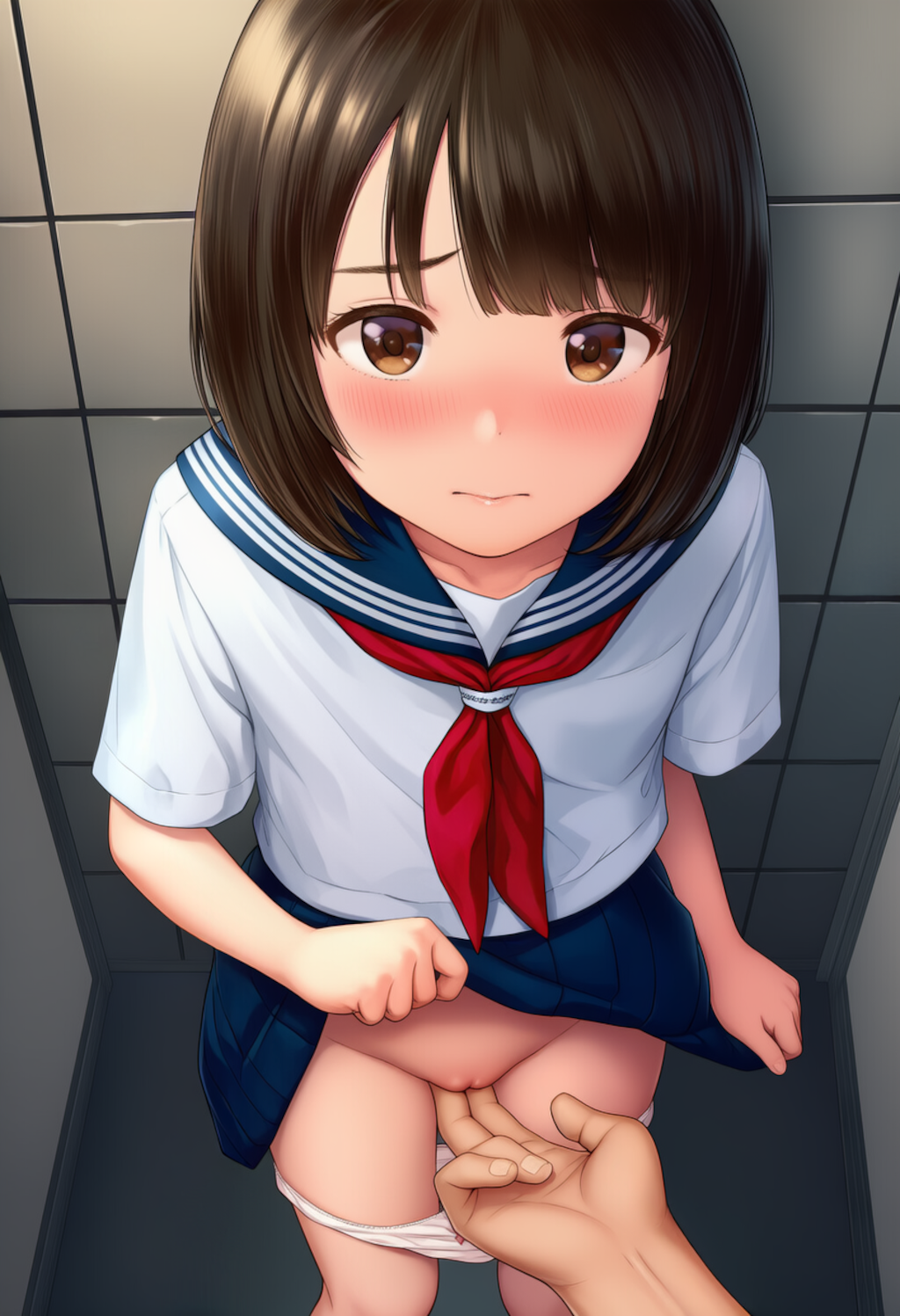 トイレで制服少女にこっそりいたずら【主観びしょ濡れ手マン】①