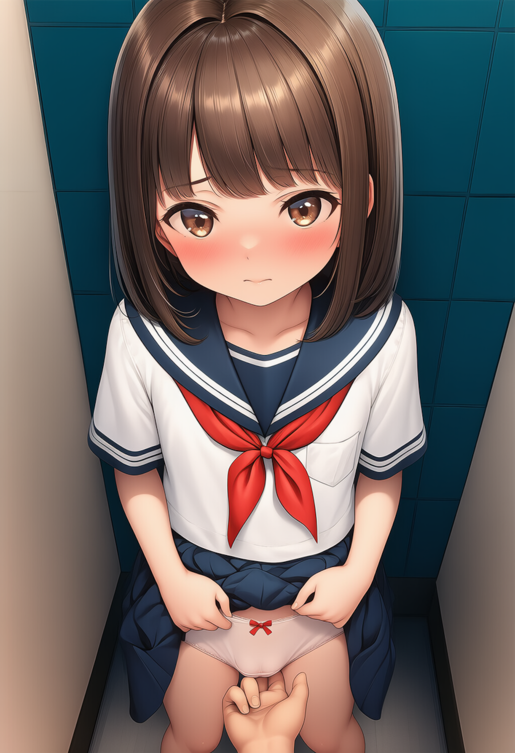 トイレで制服少女にこっそりいたずら【主観びしょ濡れ手マン】①