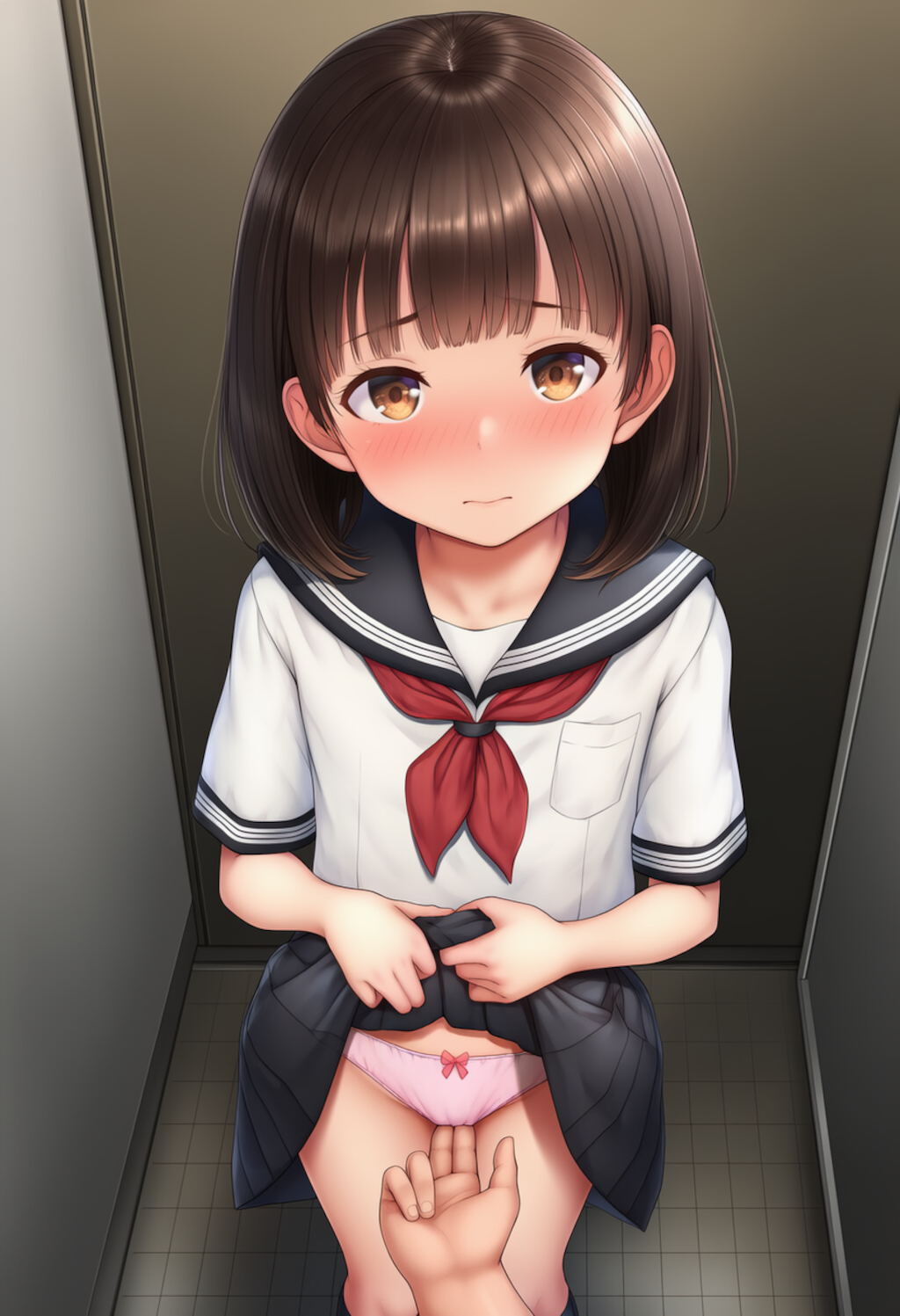 トイレで制服少女にこっそりいたずら【主観びしょ濡れ手マン】①
