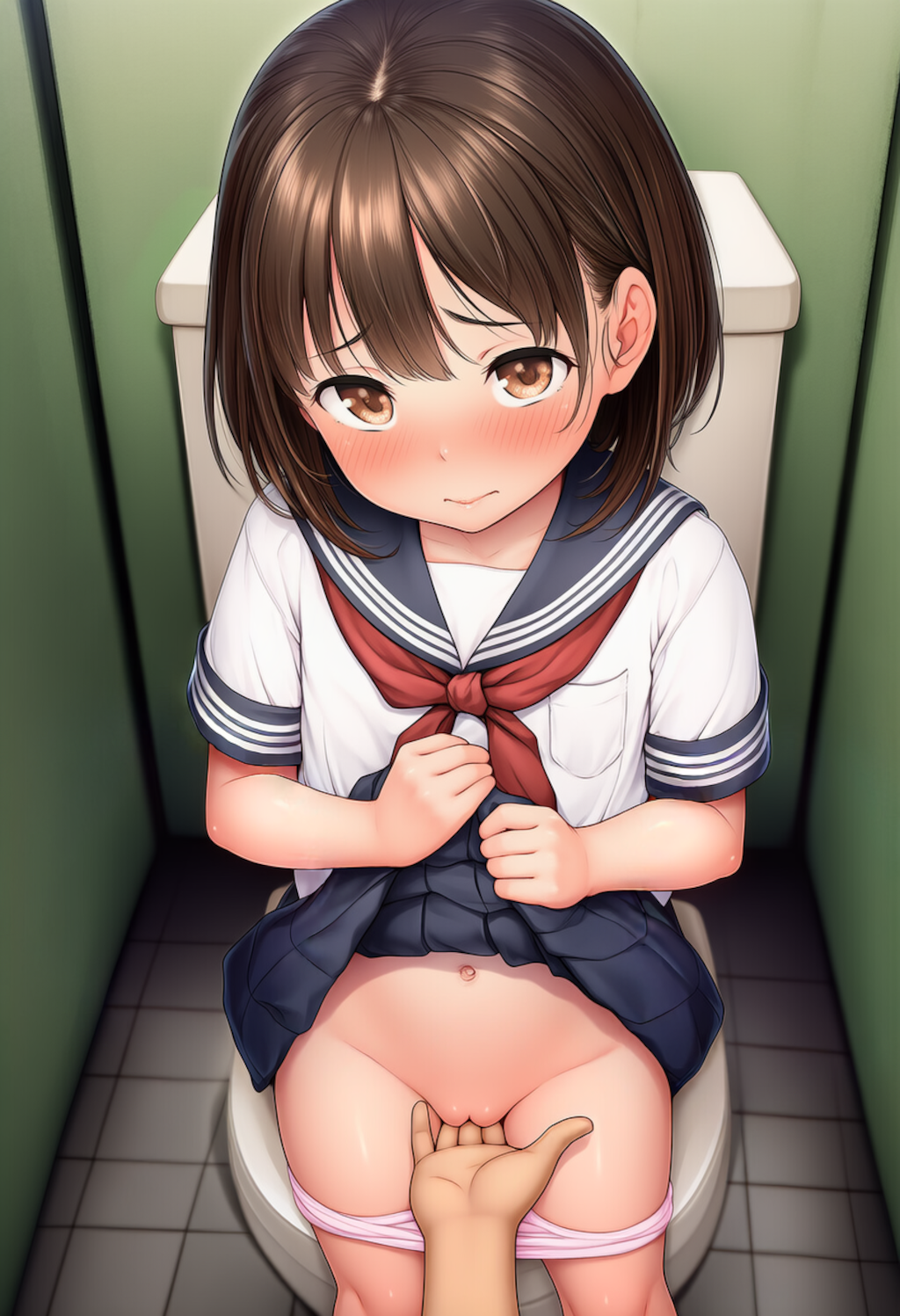 トイレで制服少女にこっそりいたずら【主観びしょ濡れ手マン】①