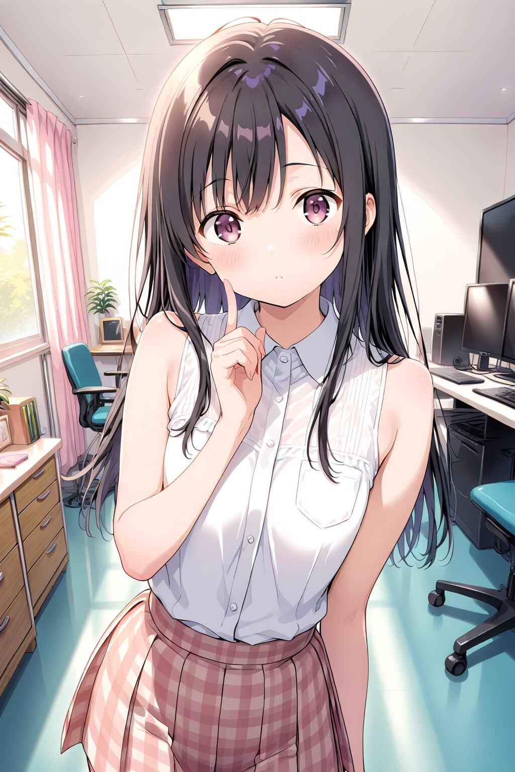 20251209【5枚】チェックのミニスカートとノースリーブの服を着た黒髪の女性