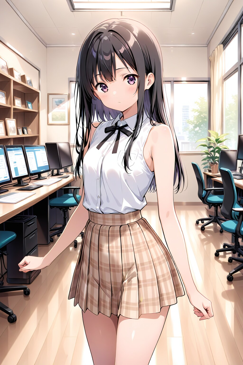 20251209【5枚】チェックのミニスカートとノースリーブの服を着た黒髪の女性