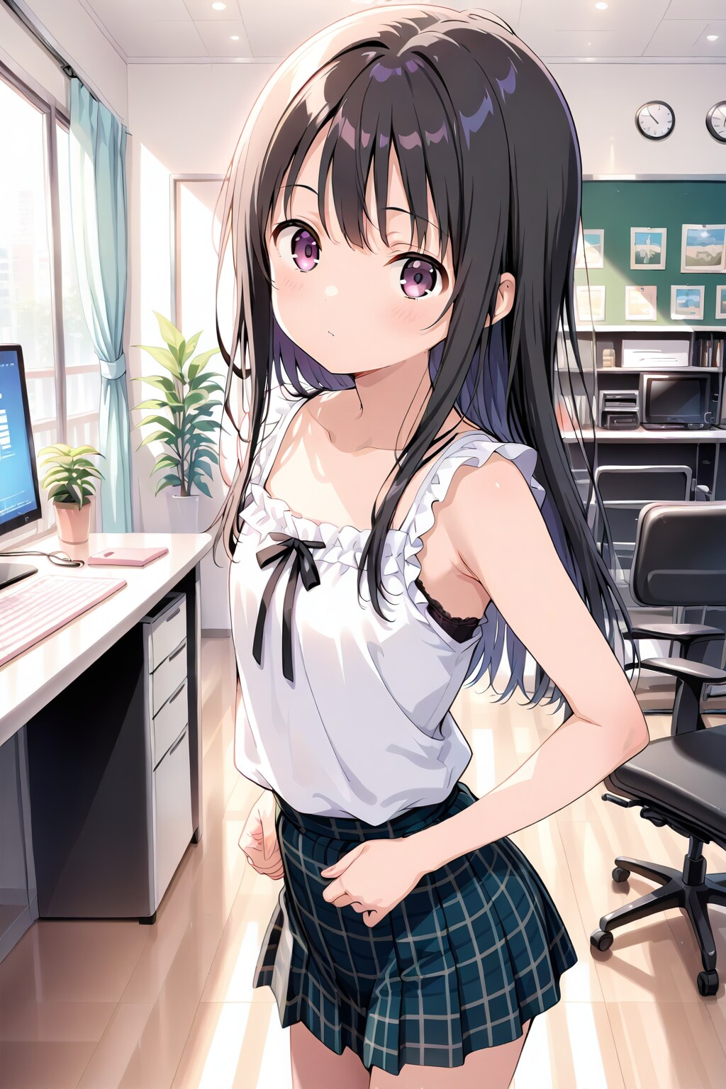 20251209【5枚】チェックのミニスカートとノースリーブの服を着た黒髪の女性