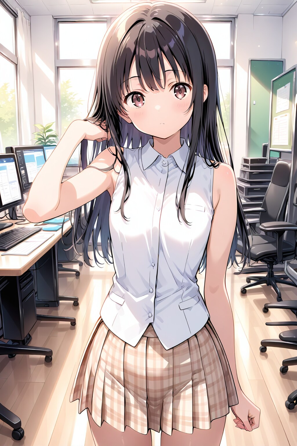 20251209【5枚】チェックのミニスカートとノースリーブの服を着た黒髪の女性