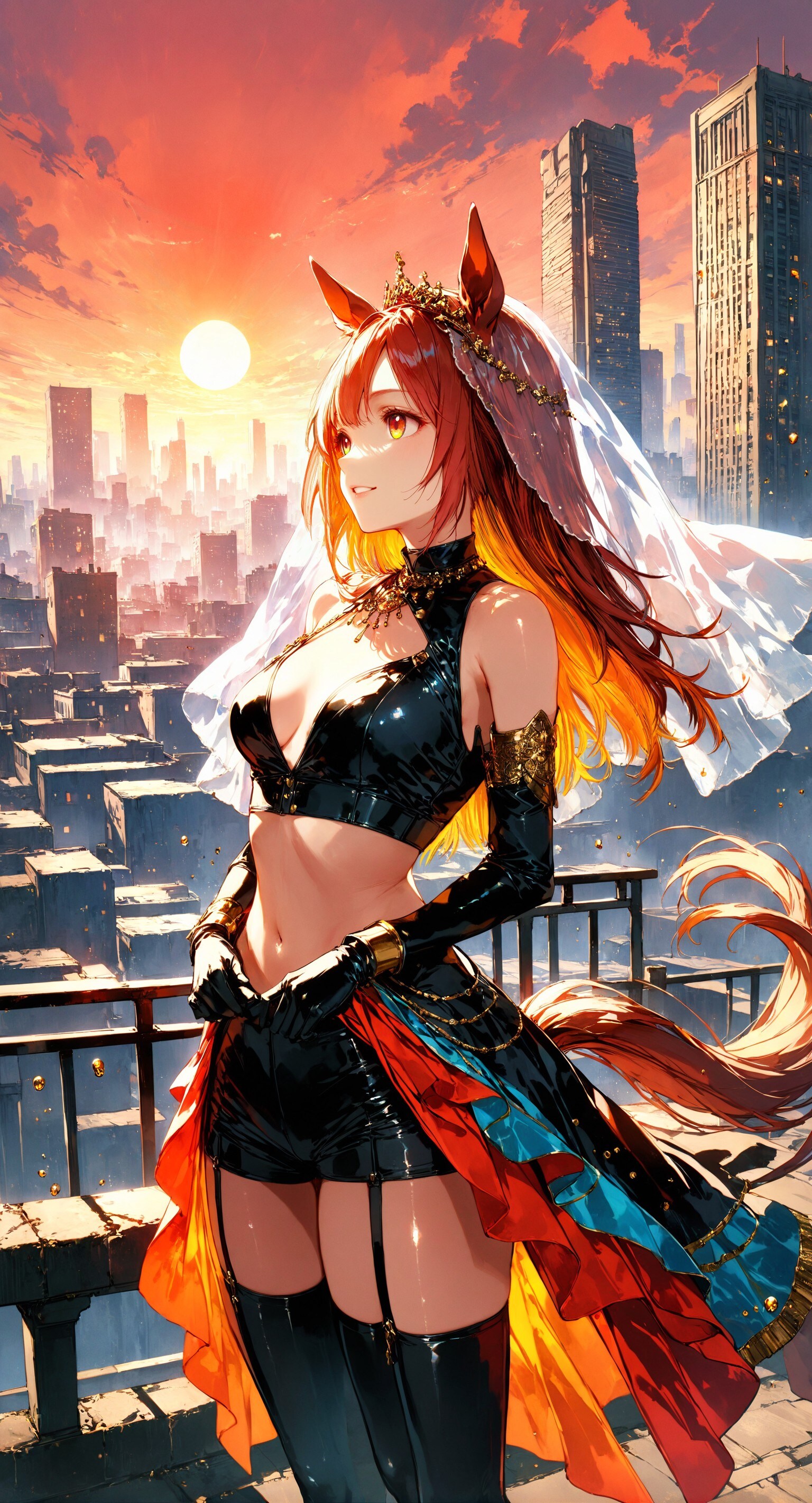 夕陽の摩天楼とダンサー衣装のケモミミちゃん