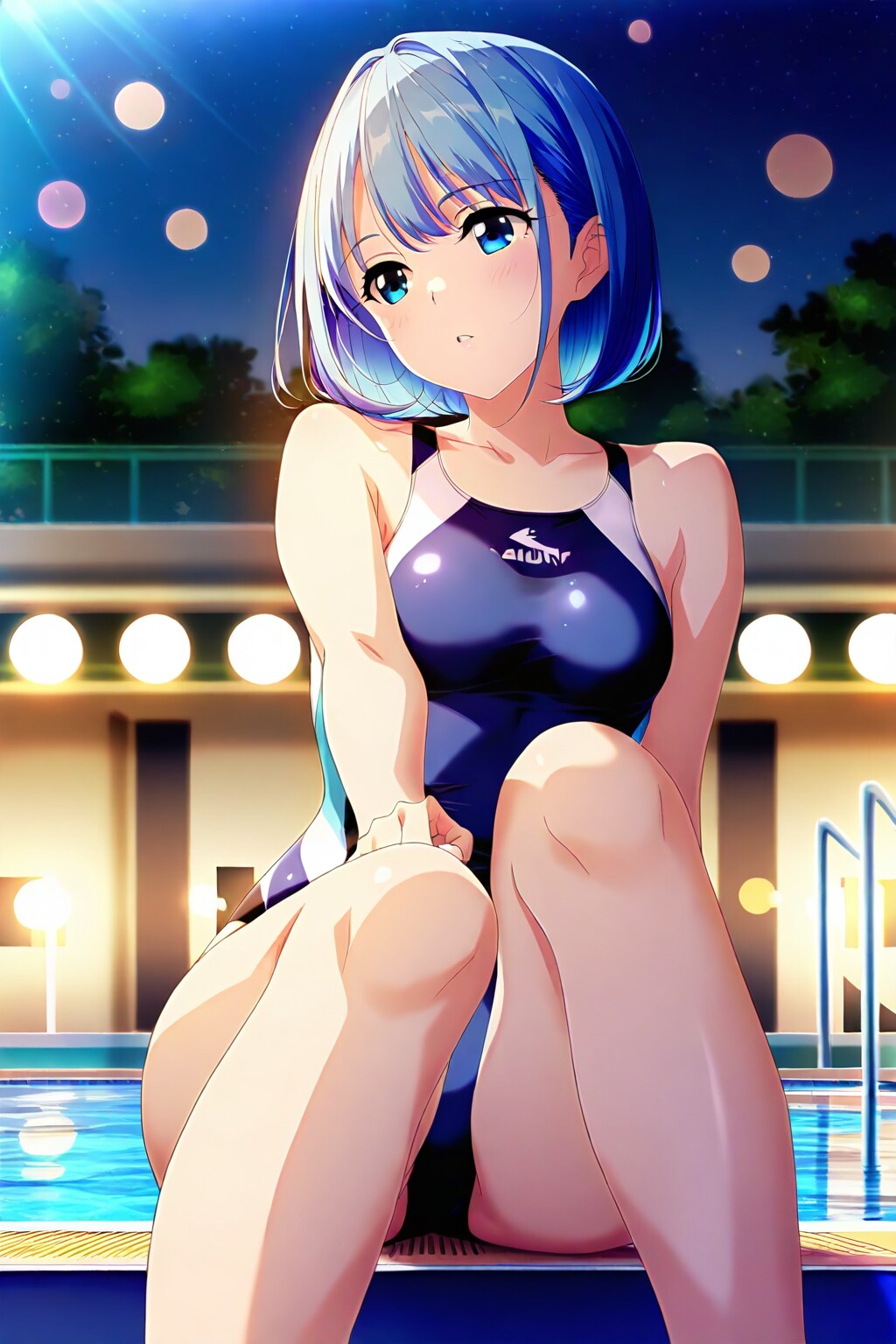 水着を着た青髪ボブカット