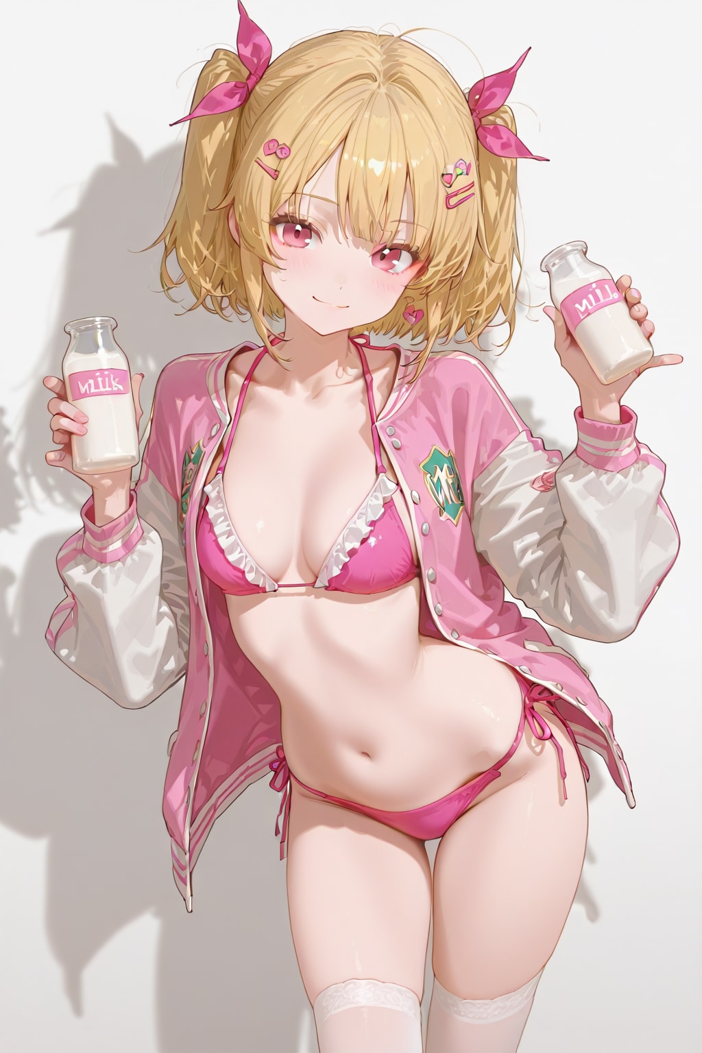 20251118【5枚】ピンクのビキニとスタジャン風カーディガンの女性