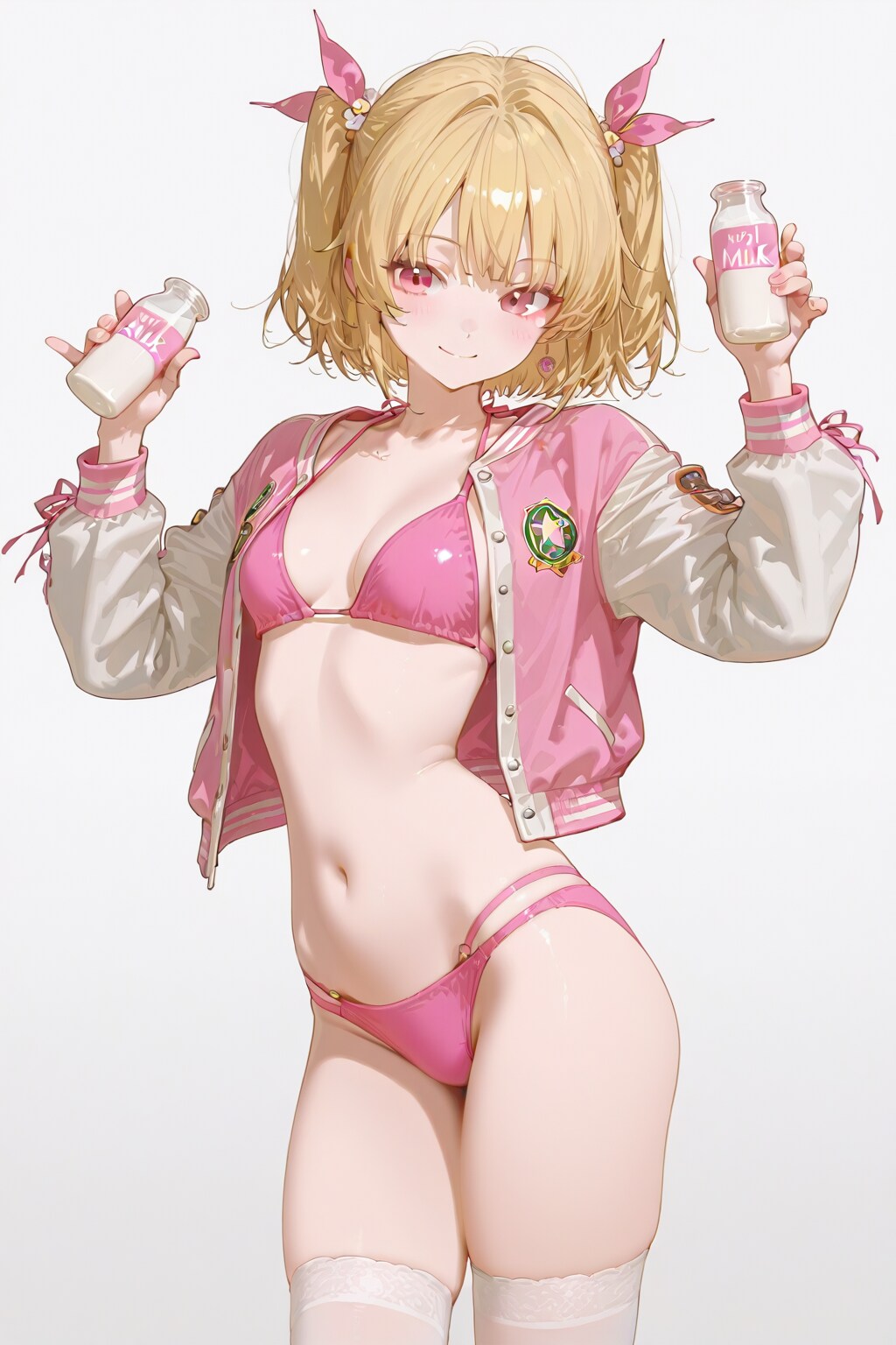 20251118【5枚】ピンクのビキニとスタジャン風カーディガンの女性