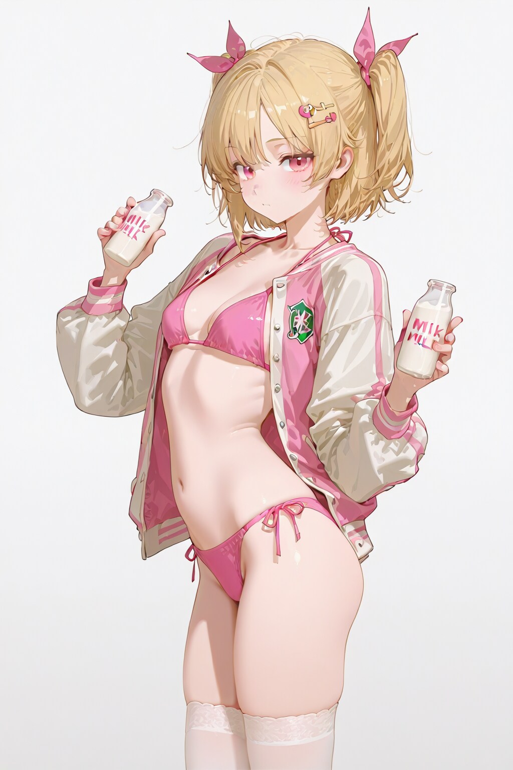 20251118【5枚】ピンクのビキニとスタジャン風カーディガンの女性