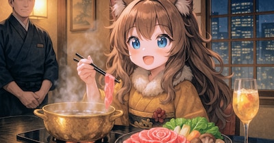 高級しゃぶしゃぶを食べる小さな女の子